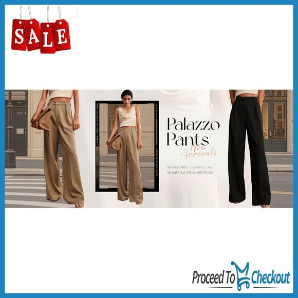 Wide Leg High Waist Work Pants Polyester Spandex Office Business Casual - Picture 7 of 8
